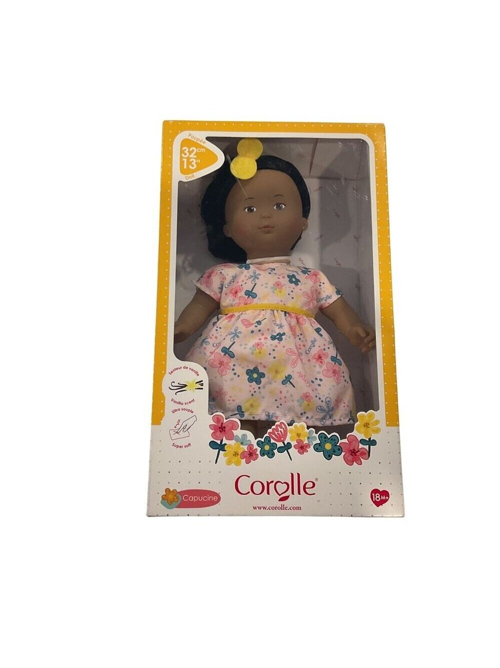 New Corolle 13" Baby Doll Capucine Floral Dress For Ages 18M+ Vanilla Scent